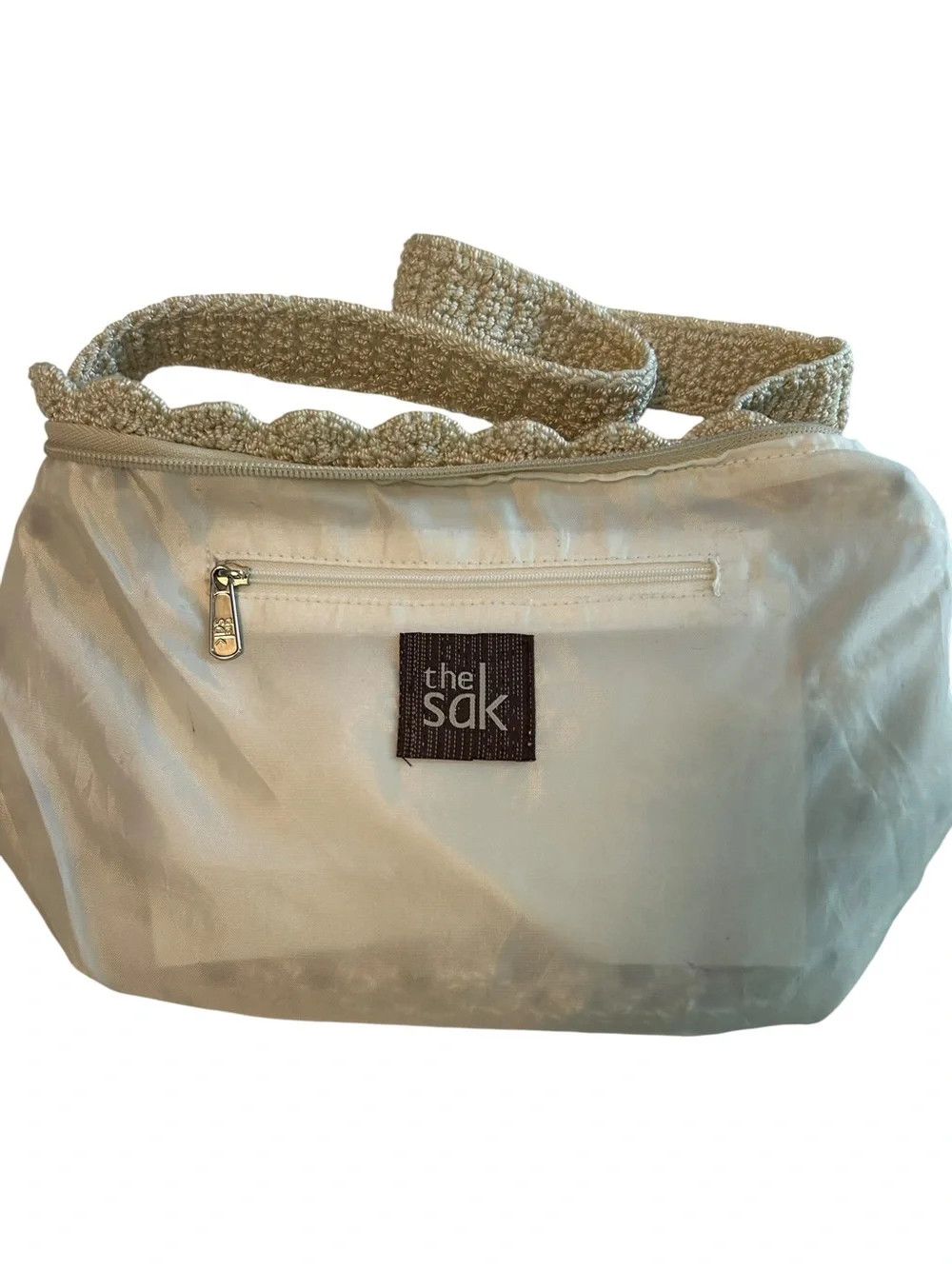 The SAK Zip Top Crochet Beaded Shoulder Hobo Bag in Light Beige